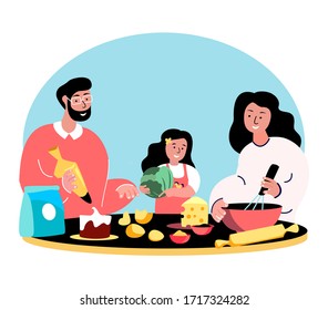 Big Happy Family Cooking Together in Kitchen.Quarantine Isolation.Young Adult Woman Mother Knead Dough,Father and Daughter Glazing Cake.Parents,Husband,Wife.Smiling Girl Child.Flat Vector Illustration
