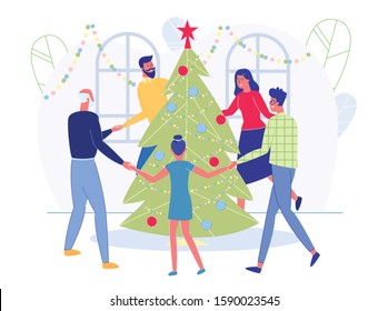 Big Happy Family Dance Round Christmas Tree at Winter Holidays Celebration. Parents Grandfather and Kids Holding Hands near Spruce, People Celebrating New Year at Home Cartoon Flat Vector Illustration