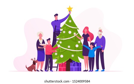 Big Happy Family Decorate Christmas Tree Together Prepare for Winter Holidays Celebration Hanging Balls and Star on Top of Spruce, People Celebrating New Year at Home. Cartoon Flat Vector Illustration