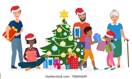 Big happy family decorates the Christmas tree together. Vector illustration.