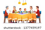 Big happy family dining together celebrating thanksgiving with turkey, wine. Grandparents, parents, kids eating together sitting at full laid table smiling, talking. Flat vector character illustration