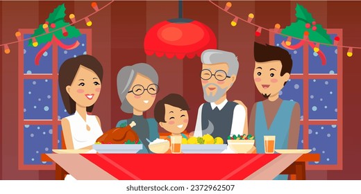 Big happy family dining together celebrating Christmas holiday at meeting at home. Grandparents, parents, kids eating together sitting at full laid table smiling, talking, enjoying food and drinks