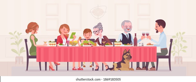 Big Happy Family Eating Festive Dinner At Table. Holiday Gathering For Many People Of Different Generations, Friends, Community, Anniversary Dining Traditions. Vector Flat Style Cartoon Illustration