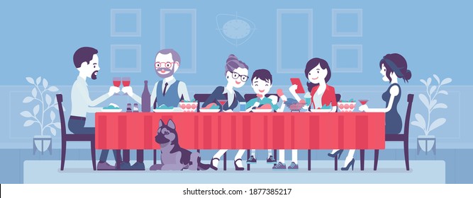 Big happy family eating festive dinner at table. Holiday gathering for many people of different generations, friends, community, anniversary dining traditions. Vector creative stylized illustration