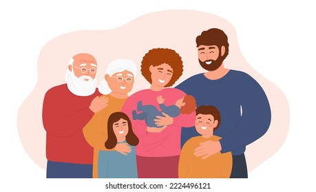 A big happy family embraces. Grandparents, parents and children. Several generations together. A mother holds a baby in her arms. Vector graphics.