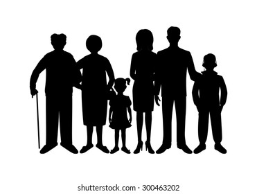 Big happy family. Father, mother, son, daughter, grandfather, grandmother, baby. 
Generation. Realistic images isolated on white background.