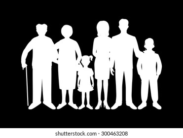 Big happy family. Father, mother, son, daughter, grandfather, grandmother, baby. 
Generation. Realistic images isolated on white background.