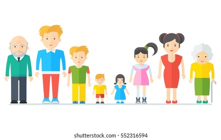 Big happy family. Flat vector cartoon illustration. Objects isolated on a white background.