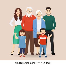 Big happy family with grandparents and childrens vector illustration isolated. Mother, father, daughter, son, grandfather, grandmother