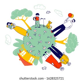 Big Happy Family of Grandparents, Parents and Children at Green Earth Globe with House and Green Trees around. Father Holding Balloon, Mother with Little Baby. Flat Vector Illustration Line Art