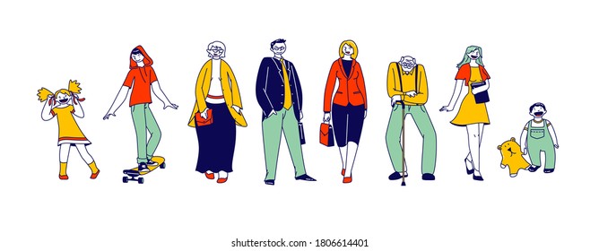 Big Happy Family Grandparents, Parents, Children and Grandchildren Male and Female Young and Senior Characters, Generations Stand in Row Isolated on White Background. Linear People Vector Illustration
