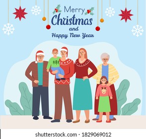 Big happy family grandparents, parents and childrens. Greeting card, merry christmas and happy new year.Vector cartoon flat illustration.