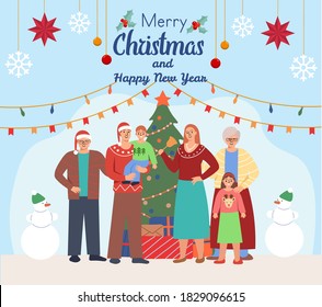 Big happy family grandparents, parents and childrens standing near the christmas tree. Greeting card, merry christmas and happy new year.Vector cartoon flat illustration.