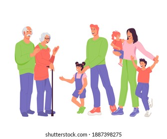 Big happy family of grandparents, parents and children standing in full growth and smiling, flat vector illustration isolated on white background. A joint portrait of three generations of the family.