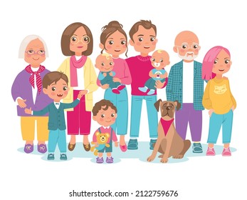 Gran familia feliz. Abuelos, padres e hijos. Varias generaciones. Gente unida. Bebés gemelos. Esposo y pareja de esposas. Adolescentes y mascota. Parientes