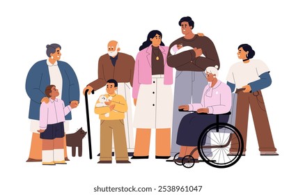 Big happy family. Grandparents, parents and kids, newborn standing together. Group portrait of different relative generations. Granny is in wheelchair. Flat isolated vector illustration on white