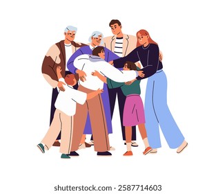 Big happy family hugs together. Parents and kids cuddle with granny, grandfather. Mother, father, children and grandparents embrace, rejoice. Flat isolated vector illustration on white background