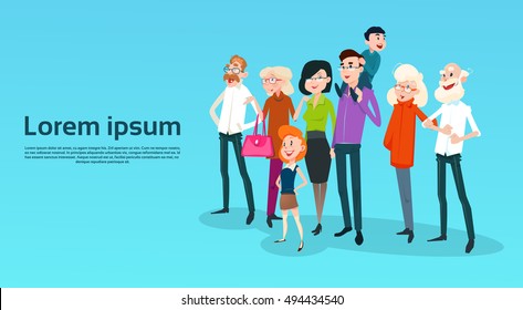 Big Happy Family Kids Parents Grandparents Flat Vector Illustration