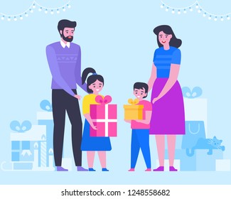 Big happy family Merry Christmas and Happy New Year. Parents and children with gifts. Vector flat illustration