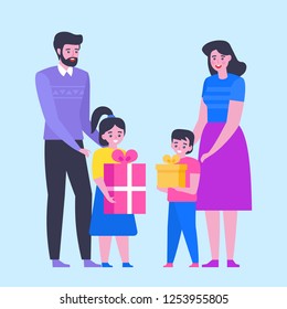 Big happy family Merry Christmas and Happy New Year. Parents and children with gifts. Vector flat illustration