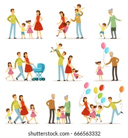 Big happy family with mother, father, grandmother and grandfather. Two smiling kids. Vector characters set in cartoon style