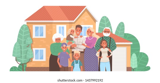 Big happy family on the background of the house. Parents and children, grandparents together. Buying or building a home. Vector illustration in flat style