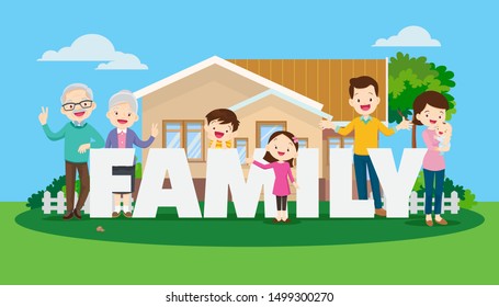 Big happy family on the background of the house. Parents and children, grandparents together. Buying or building a home with word family.