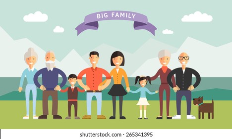 Big Happy Family. Parents with Children. Father, mother, children, grandpa, grandma