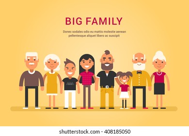 Big Happy Family. Parents with Children. Father, Mother, Children, Grandfather, Grandmother, Siblings, Wife, Husband, Uncle, Aunt