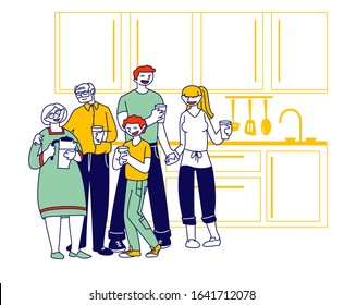 Big Happy Family of Parents, Grandparents and Preteen Boy Stand on Kitchen with Water Glasses Drinking Pure Aqua. Healthy Lifestyle, People Loving Relations, Thirsty. Cartoon Flat Vector Illustration