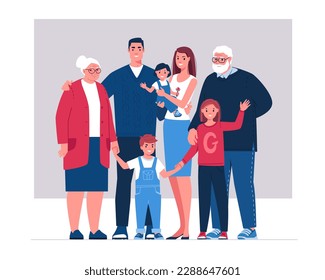 Big happy family. Parents, grandparents, children: teenager, junior, toddler. Flat character vector illustration.