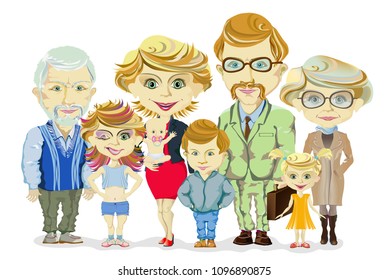 Big and happy family portrait with children, parents, grandparents vector illustration
