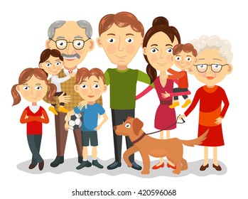 Big and happy family portrait with children, parents, grandparents vector illustration