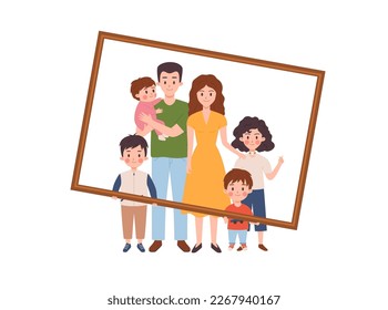 Big and happy family portrait in frame, flat vector illustration isolated on white background. Smiling parents and kids of different ages holding wooden picture frame.