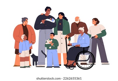 Gran retrato familiar feliz. Abuelos, padres, hijos, diferentes generaciones juntos. Familiares multiétnicos, madre, padre, hijos. Ilustración vectorial gráfica plana aislada en fondo blanco