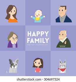 big happy family portrait with parents children grandparents and pets vector cartoon illustration