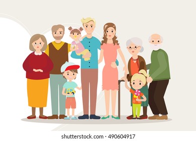 Big happy family portrait parents with disabled child. Father, mother, kids, grandpa, grandma. Several generations. Vector illustration