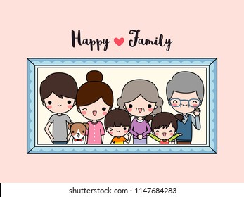 Big happy family portrait photo frame and text. Father mother son daughter grandfather grandmother. Flat design. Colored vector illustration.