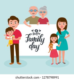Big happy family portrait. Set of characters - Mother, father, brother, sister, grandmother, grandfather. Funny illustration. Happy Family Day banner. Vector people. 