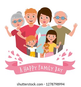Big happy family portrait. Set of characters - Mother, father, brother, sister, grandmother, grandfather. Funny illustration. Happy Family Day banner. Kids with their toys. Vector people. 