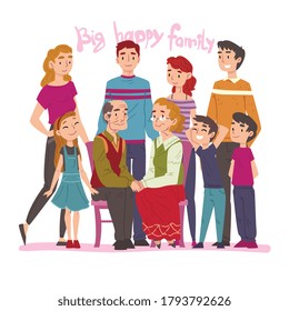 Big Happy Family Portrait, Several Generations Posing Together, Grandparents, Mother, Father and Children Cartoon Style Vector Illustration