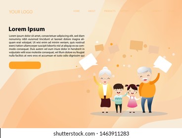 Big happy family portrait. Three generations - grandparents, parents and children of different age together. Smiling cartoon characters. Vector illustration for poster, greeting card, website, ad.