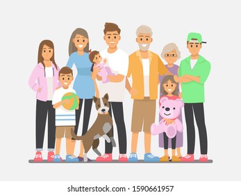 Big happy family portrait. Vector people. Father, mother, grandfather,grandmother, children and pet.