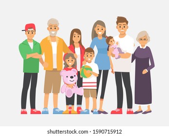 Big happy family portrait. Vector people. Father, mother, grandfather,grandmother, children.