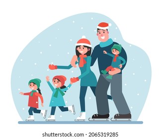 Big happy family at the rink. Parents and children on active holidays. Christmas concept. Vector illustration in a flat style.