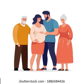 Big happy family, several generations, grandparents, a pregnant woman with her husband. Flat vector illustration isolated on white background