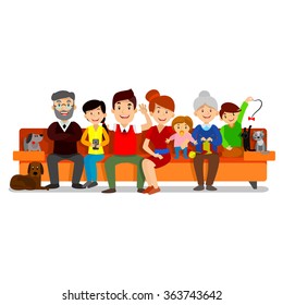 Big Happy Family Sit On Sofa. Parents With Children. Father, Mother, Children, Grandpa, Grandma, Dog And Cat.