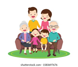 Big happy family sitting on the sofa. Grandmother, grandfather, father, mother, children ector illustration in cartoon style.