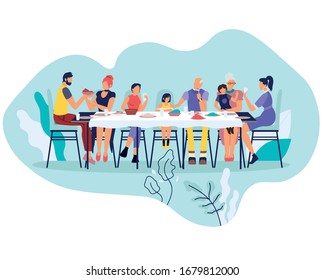 Big Happy Family Sitting At Table With Different Dishes And Eat. Relatives Meeting, Grandparents, Parents And Children Eating Festive Food, Communicate And Having Fun. Cartoon Flat Vector Illustration