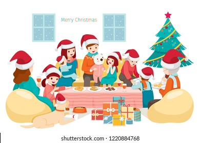 Big Happy Family Sitting, Talking and Eating on Holiday Party at Home, Christmas Tree and Gifts, New Year, Xmas, Animals, Festive, Celebrations